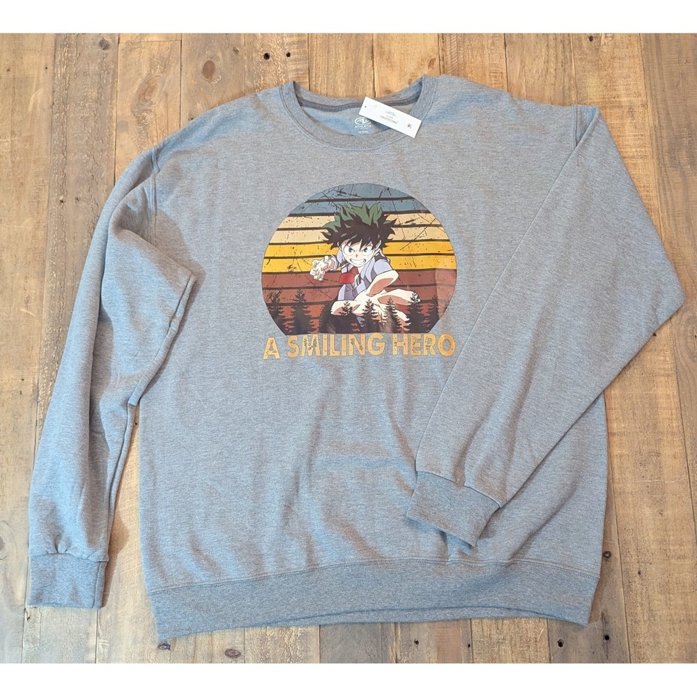 Izuku Deku Midoriya My Hero Academia Graphic Manga Sweatshirt Mens Large Grey
